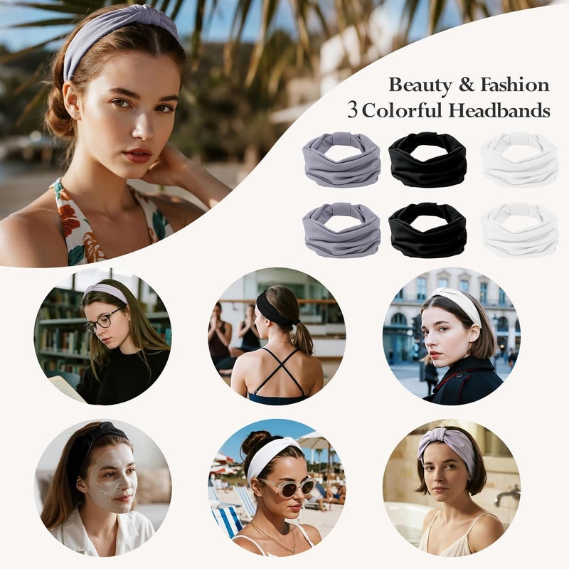 HSEM Headbands for Women, Wide Elastic Head Bands, Non-Slip Thick Hair Bands, Sports Stretchy Sweat Bands, Large Knotted Soft Headband for Washing Face, Makeup, Workout, Spa, Two Black/White/Gray - Image 4